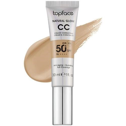 کرم پودر CC مایع SPF50 تاپ فیس مدل NATURAL GLOW شماره 008 مناسب برای انواع پوست حجم 30 میلی لیتر